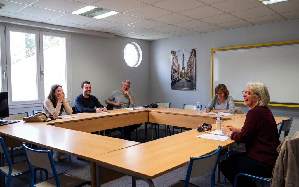 Adulti di età diverse durante un corso di francese all'Alliance Française di Salerno, seduti intorno al tavolo con l'insegnante