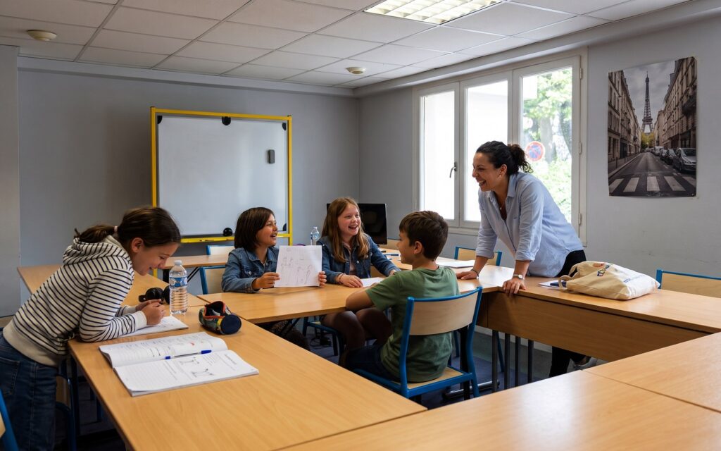 Bambini sorridenti durante un corso di francese all'Alliance Française di Salerno, con l'insegnante accanto a loro