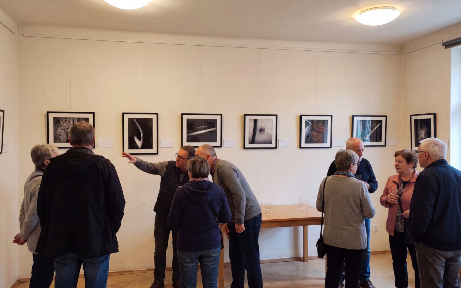 Inaugurazione di una mostra nella sala dell'Alliance Française di Salerno, visitatori davanti alle opere incorniciate