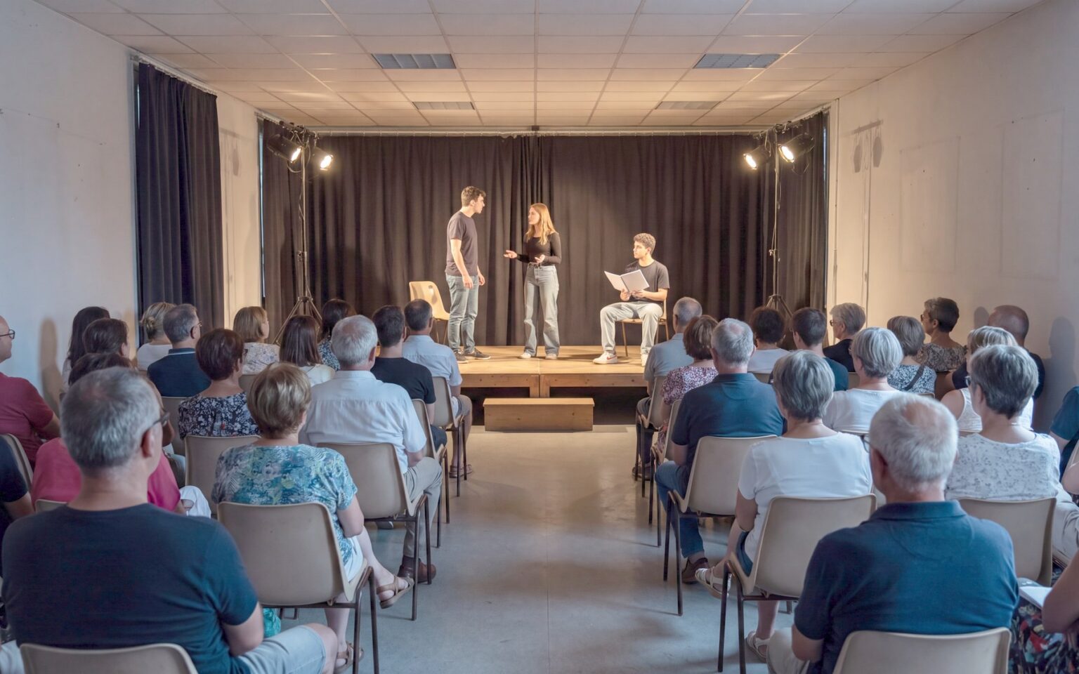 Serata di teatro in francese nella sala dell'Alliance Française di Salerno, tre attori sul palco davanti al pubblico