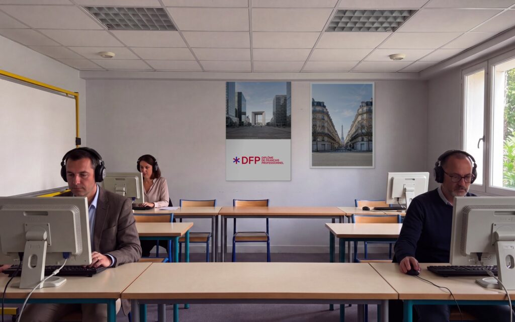 Esame DFP in laboratorio informatico all'Alliance Française di Salerno: tre candidati con le cuffie durante la comprensione orale