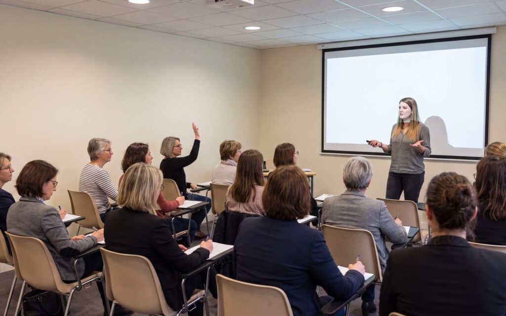 Formatrice davanti a un gruppo di docenti in una sala conferenze durante un corso di formazione dell'Alliance Française di Salerno