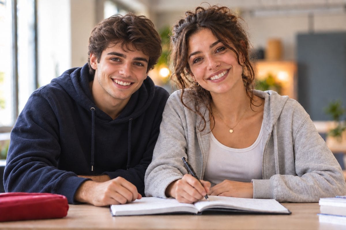 Un ragazzo e una ragazza sorridenti seduti a un tavolo con un quaderno aperto durante un corso di francese all'Alliance Française di Salerno